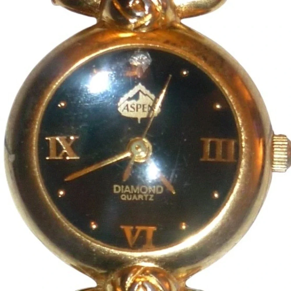 Vintage Aspen Diamond Quartz Watch Black Dial Gold Tone Floral Lugs New Battery